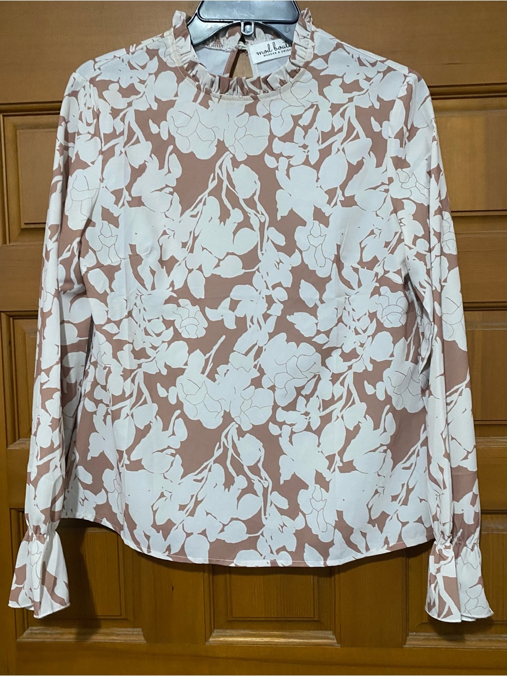 Mod boutique Blush and White Floral Ruffle-Neck Long-Sleeve Top
